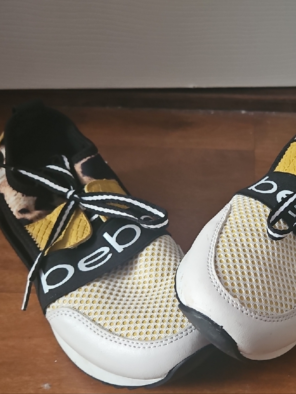 bebe White Yellow Black Mesh Slip-On Sneakers